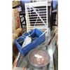 Image 1 : COPPER BED WARMER AND PAINTED WOOD BOX AND WOOD RACK AND LAMP
