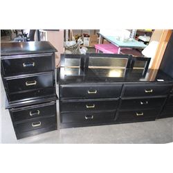 BLACK DRESSER WITH MIRROR AND PAIR OF NIGHTSTANDS