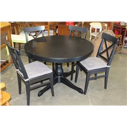 ROUND BLACK DINING TABLE WITH JACK KNIFE LEAF AND FOUR CHAIRS