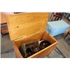 Image 3 : WOOD STORAGE STOOL AND HURRICANE LAMP AND WOOD TRAY