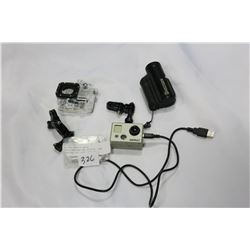 GO PRO HERO 2 WITH CASE,CHARGER AND MOUNTS, AND CONTOUR GPS LIVE ACTION CAMERA, CONDITION UNKNOWN