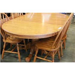 OAK TRESTLE BASE PAWFOOT TABLE W/ LEAF, 4 SIDE CHAIRS + 2 ARMCHAIRS