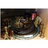 Image 2 : SHELF LOT OF BRASSWARE AND BRASS AND BRASS AND SILVER PLATE PLATTERS