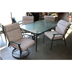 GLASS TOP PATIO TABLE + 2 SWIVEL PATIO CHAIRS + 2 MATCHING SIDE CHAIRS