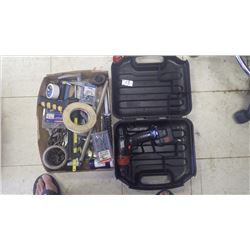 2 trays of tools (B & D cordless drill, hack saw and assorted miscellaneous)