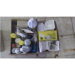 2 trays cleaning products and assorted miscellaneous
