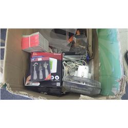 Large box of assorted items (Honeywell thermostat, office supplies, fan, miscellaneous items