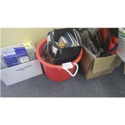 Tub of children's toy blocks, micscellaneous books including recipe books; tool bag; roll of multi p