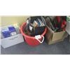 Image 1 : Tub of children's toy blocks, micscellaneous books including recipe books; tool bag; roll of multi p