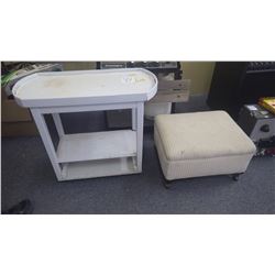 Antique foot stool; shelving unit on wheels