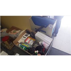 Heavy duty stapler; desk top file tray plus tray of miscellaneous office supplies