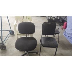 2 plastic lawn chairs; black folding chair; black leather frame chair; office chair