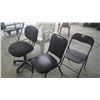Image 2 : 2 plastic lawn chairs; black folding chair; black leather frame chair; office chair