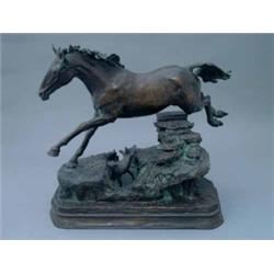 Geoffrey Snell - a bronze model of a mare, modelled leaping a stone wall with a fox beneath it, t...