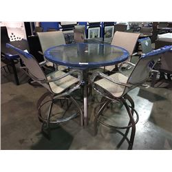 HOME CREST 48" DIAMETER ROUND GLASS PATIO BAR TABLE WITH 4 CHAIRS - POWDER SHALE