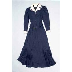 A 1930's two-piece Victorian style theatrical costume, comprising a navy-blue short fitted jacket...