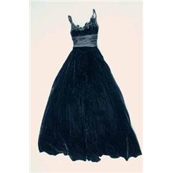 A 1930's black silk velvet ball gown, having boned bodice trimmed with velvet and satin leaves an...