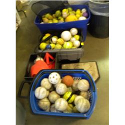 LARGE LOT OF MISC BALLS/SOFTBALLS/BASEBALL PLATES