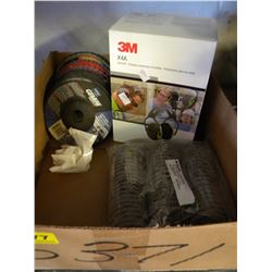 BOX OF GRINDING DISKS/SAFETY EAR MUFFS/BAG OF CUT POLISHED WHEELS