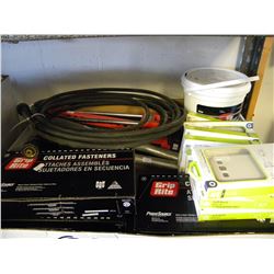 BOX OF COALLATED FASTENERS/SAMSUNG CASES/ADHEISIVE/TILE CUTTERS/PRESSURE WASHER HOSE/ETC