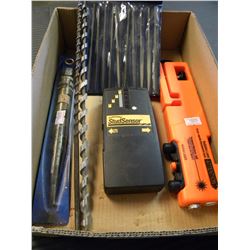 BOX OF DRILL BITS/STUD SENSOR/LASER LEVEL/NEEDLE FILE SET