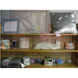 3 SHELVES OF MISC PILLOWS/PICTURE FRAMES/BATHROOM SUPPLY/ETC