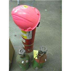 2 WELDING TANKS/FIRE EXTINGUISHER/PINK HARD HAT