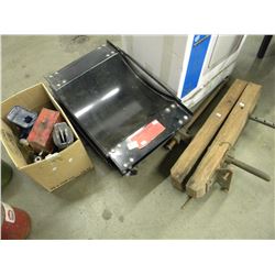 PAIR OF ROLLING VEHICLE DOLLYS/CLAMP/BOX OF MISC TOOLS