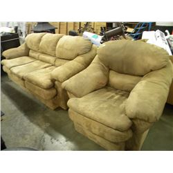 BROWN MICROFIBER 3 SEATER SOFA WITH MATCHING CHAIR