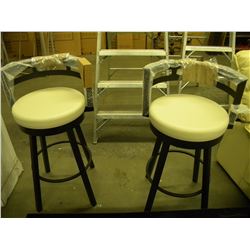 2 MATCHING CREAM COLOURED LEATHER & METAL SWIVEL BAR STOOLS
