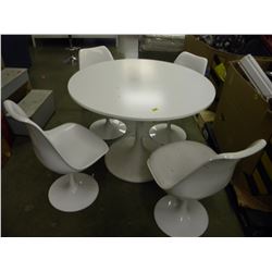 WHITE PEDISTALL TABLE WITH 4 MATCHING SWIVEL CHAIRS