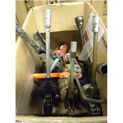 BOX OF GREASE GUNS AND TIRE IRON