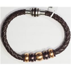 #29-STAINLESS STEEL BROWN LEATHER BEAD MEN'S