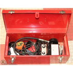 RED TOOL BOX WITH PRESSURE GAUGES , VOLT-AMMETER