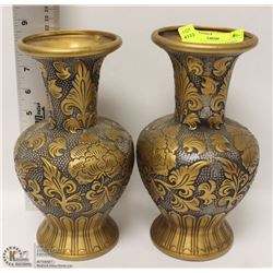 2 MATCHING GOLD TONE ETCHED VASES