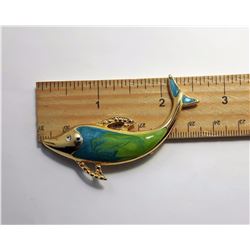 #18 - GOLD TONE & ENAMEL DOLPHIN BROOCH