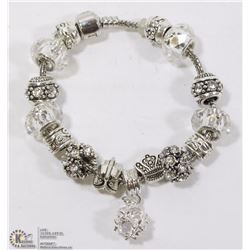 PANDORA STYLE BRACELET W/ CLEAR GLASS AND SILVER