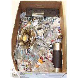 BOX OF ESTATE DISHES AND CANDLE HOLDERS