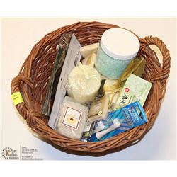 LARGE WICKER BASKET FILLED WITH BATH ITEMS