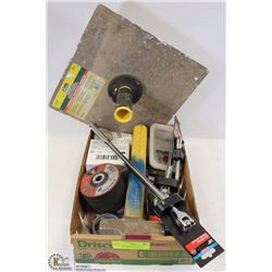 BOX OF ASSORTED TOOLS INCL SLEDGE HAMMER, PLIERS