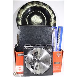 BOX WITH COMPUTER BAG, BRIEFCASE, PLATE & MORE