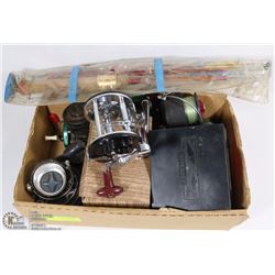 FLAT OF FISHING SUPPLIES INCL REELS AND ROD