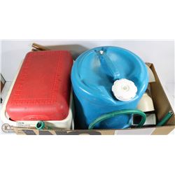 LARGE BOX OF CAMP GEAR INCL. CAMPLIGHT,