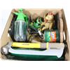Image 1 : LARGE BOX OF GARDEN DECOR AND TOOLS