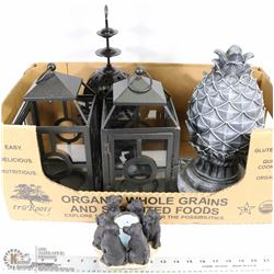 BOX OF PATIO LIGHTS AND CAST IRON BIRD DECOR WITH