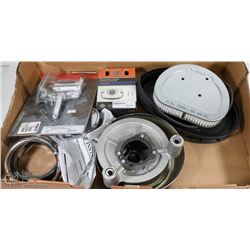 LOT OF MOTORCYCLE PARTS INCL MIRRORS, HD INTAKE,