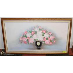 28"X52" OIL ON CANVAS ROSES & VASE, SIGNED