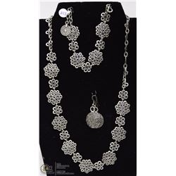 3 PC  FLOWER PEWTER NECKLACE, BRACELET AND
