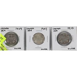 LOT OF 3 CANADIAN 25 CENT SILVER COINS