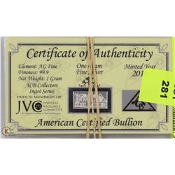 LOT OF THREE 1 GRAM FINE SILVER 99.9 WITH COA